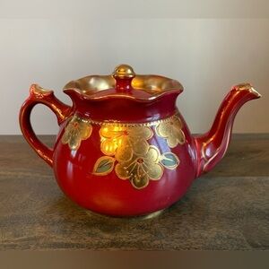 Arthur Wood Teapot Made England Burgundy Gold tone Flowers Vintage Handpainted.